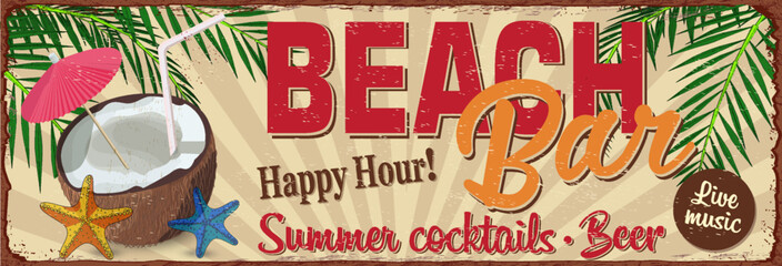 Vintage Beach Bar poster.Summer cocktails,beach,palm metal sign.