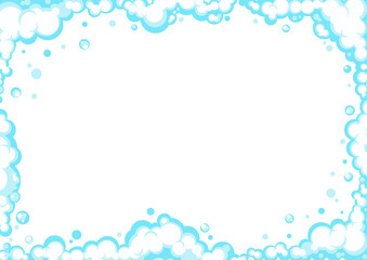 Soapy foam with bubbles. Frame of cartoon shampoo and shaving mousse foam suds. Clouds border. Vector illustration