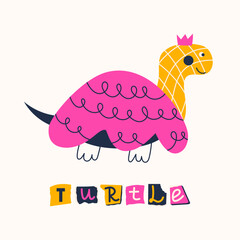 Funny turtle with paper cut pieces. Childish collage from different shapes with textures. Vector flat illustration for design of greeting and event cards, posters, postcards