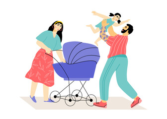 Happy traditional family with mother, father, daughter. Young parents walking with baby carriage and their little kid.  Vector flat illustration