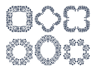 Collection of vintage  frames for greeting card and invitations. Set of black and white floral retro borders. Round shape template with empty space for text. Simple flowers placed in a circle