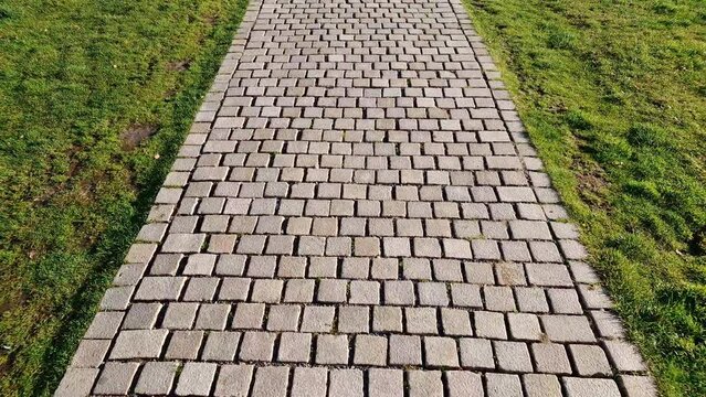 Walkway paved with cobblestone - grey stone cubes AKA Belgian setts: pattern and texture of a straight path for walking surrounded by green grass in a garden or park. 