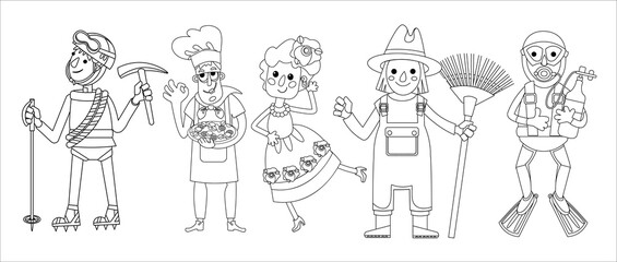 Cute diver, dancer, cook, mountaineer, gardener. People of different professions. Character for postcards, books, posters. Black and white outline. Vector illustration isolated icon for design. 