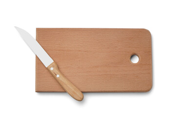 Wooden cutting board and knife isolated on white background