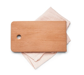 Wooden cutting board with napkin on white background