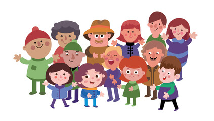 Crowd of happy people, children and adults, men and women. Holiday, carnival. Funny isolated cartoon style characters on white background. Vector illustration.