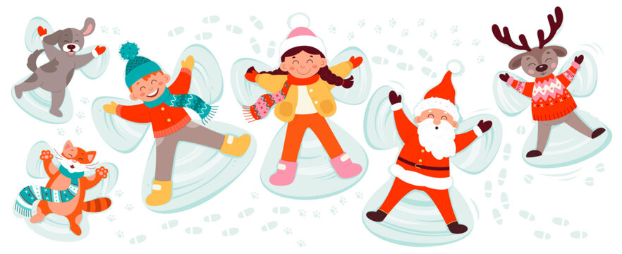 Snow angel flat icons set. Funny kids, domestic animals and santa claus in warm clothes doing wings by hands