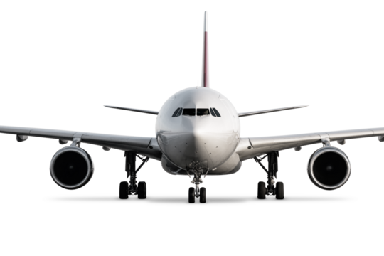 Front view of wide body passenger airplane isolated on transparent background