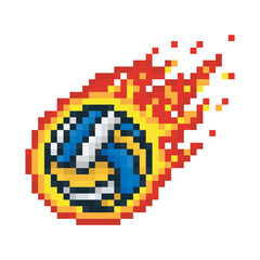 Volleyball ball in fire, sport pixel art