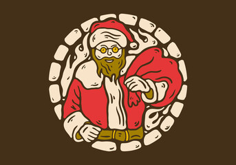 Illustration drawing of santa claus carrying a sack full of gifts