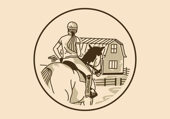 Vintage art illustration of woman is riding a horse in the circle frame
