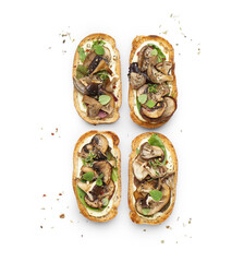 Tasty toasts with cream cheese and mushrooms on white background