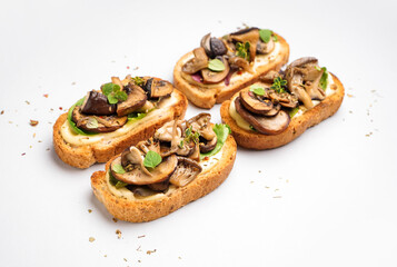 Tasty toasts with cream cheese and mushrooms on white background