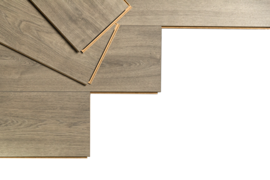 Installation of floating floor, underlay with sheets of laminate. Home improvement concept. Banner with copy space.
