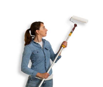 Women holding a paint roller for coloring walls, ladder with paint brushes and tools. Home improvement concept. - Powered by Adobe