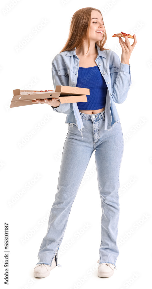 Canvas Prints Beautiful young woman eating fresh pizza on white background