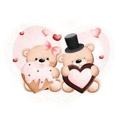 Watercolor Illustration Cute couple valentine bears