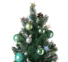 Small Christmas tree with decorations on white background, closeup