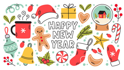 Cute sketch doodle Happy New Year set with santa hat, present, snow globe, socks, mittens, toys