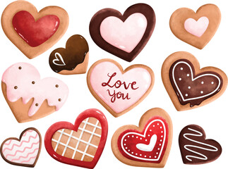 Obraz na płótnie Canvas Watercolor illustration set of heart shape valentine cookies