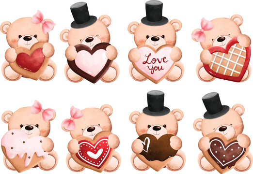 Watercolor illustration set of cute valentine bear holding heart shape cookie