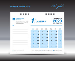 Desk calender 2023 design, January 2023 template, Calendar 2023 template, planner, simple, Wall calendar design, week starts on sunday, printing, advertiement, blue background, vector