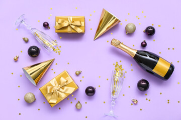 Frame made of party hats, Christmas gifts, balls and champagne on lilac background