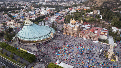 Aerial view of Basilica of Our Lady of Guadalupe. The old and the new Basilica. Basilica de Nuestra Señora Guadalupe, La Villa atrium. square. Mexico City - obrazy, fototapety, plakaty