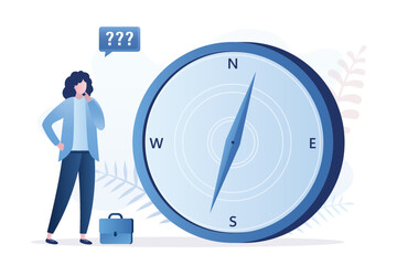 How to choose right direction for business. Businesswoman looking at giant compass. Navigation, finding route, search for right way of business development. Global vision.