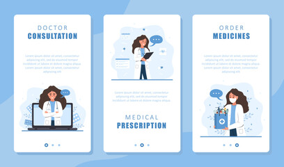 Online medicine service set. Woman doctor giving virtual medical consultation and digital prescription. Delivery medicines. Telemedicine concept. Vector illustration in flat cartoon style.