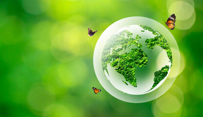 Green globe inside concept balloons protecting the environment and nature