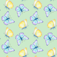 Meadow blue, yellow butterflies watercolor seamless pattern on green.