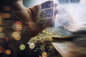 The concept of the cost of grain. 5000 ruble banknotes around a handful of ground grain. World hunger.