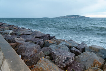  Marmara sea and Princes' Islands  view in stormy weather in the evening. Istanbul. Turkey.