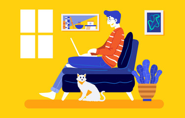 Work from home. Man sitting on the sofa and working on the laptop. Freelancer home workplace. Flat illustration. Vector. Computer