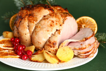 Plate with Christmas ham, potato, rowan and dried citruses on green background