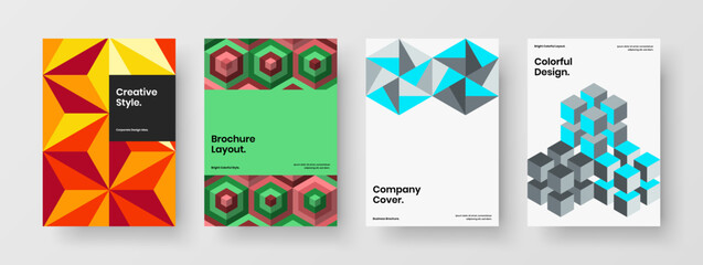 Fototapeta premium Vivid pamphlet A4 design vector layout bundle. Colorful geometric hexagons handbill illustration collection.