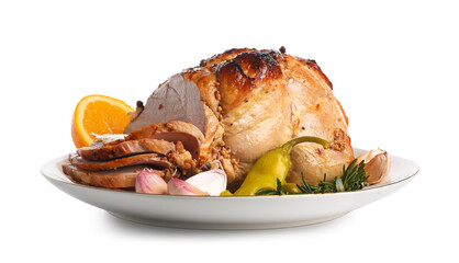 Plate with tasty Christmas ham, garlic, pepper and orange on white background