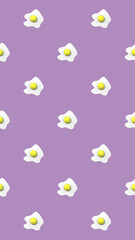 pattern. Image of chicken egg on pastel purple purple backgrounds. Egg with round yolk. Surface overlay pattern. 3D image. 3D rendering. Vertical image.