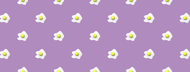 pattern. Image of chicken egg on pastel purple purple backgrounds. Egg with round yolk. Surface overlay pattern. 3D image. 3D rendering. Banner for insertion into site. Horizontal image.