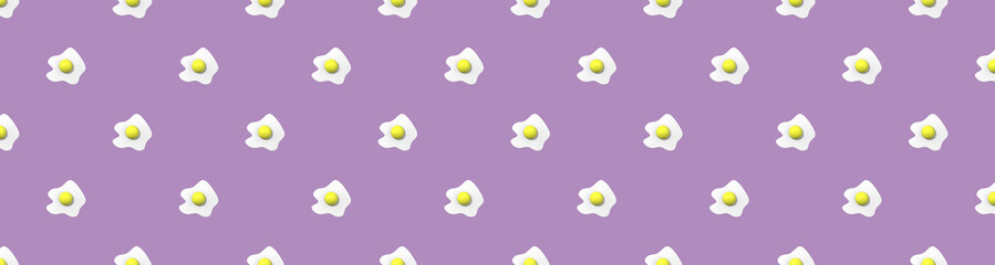 pattern. Image of chicken egg on pastel purple purple backgrounds. Egg with round yolk. Surface overlay pattern. 3D image. 3D rendering. Banner for insertion into site. Horizontal image.