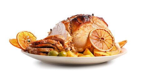 Plate with tasty Christmas ham, potato, olives and dried citruses on white background