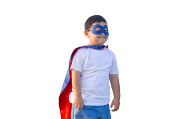 Portrait of adorable kid boy having fun outdoor. Little child play superhero