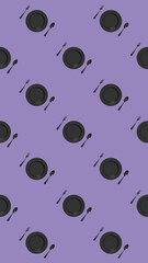 pattern. kitchen utensils on a pastel violet background. fork, spoon, plate. Template for surface application. Flat lay. Vertical image. 3D image. 3D rendering.