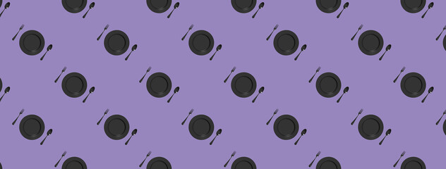 Fototapeta na wymiar pattern. kitchen utensils on a pastel violet background. fork, spoon, plate. Template for surface application. Flat lay. Banner for insertion into site. 3D image. 3D rendering.