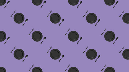 pattern. kitchen utensils on a pastel violet background. fork, spoon, plate. Template for surface application. Flat lay. Banner for insertion into site. 3D image. 3D rendering.