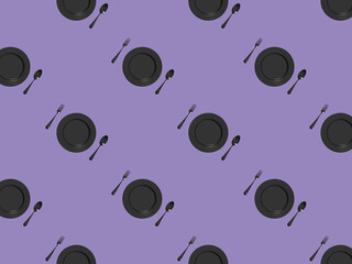 pattern. kitchen utensils on a pastel violet background. fork, spoon, plate. Template for surface application. Flat lay. Horizontal image. 3D image. 3D rendering.