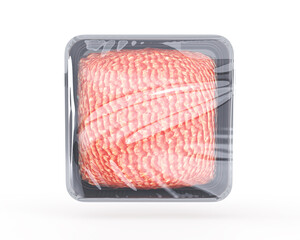 Plastic food tray with fresh raw minced meat and wrapping by transparent film 3d render. Ground beef, pork or lamb in styrofoam package in supermarket and store top view