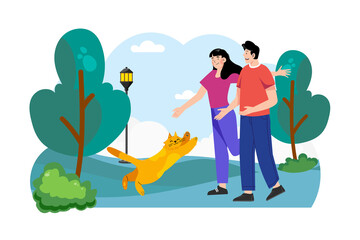 Couple Walking With Cat In Park