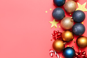 Heap of beautiful Christmas decorations on red background